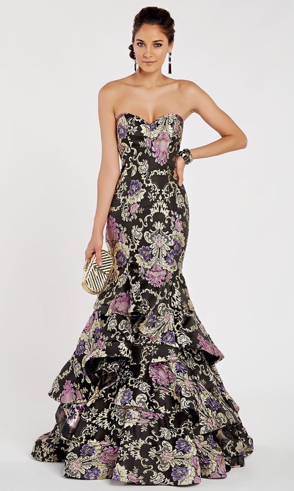 Alyce Paris - Strapless Sweetheart Brocade Tiered Mermaid Dress 60400SC In Black and Purple