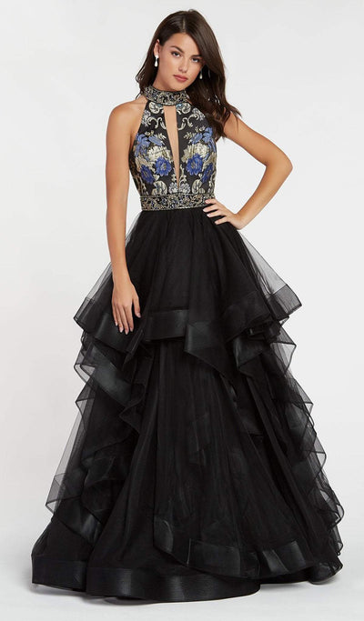Alyce Paris - 60401 Plunging Cutout Floral Brocade Tulle Gown In Black and Blue