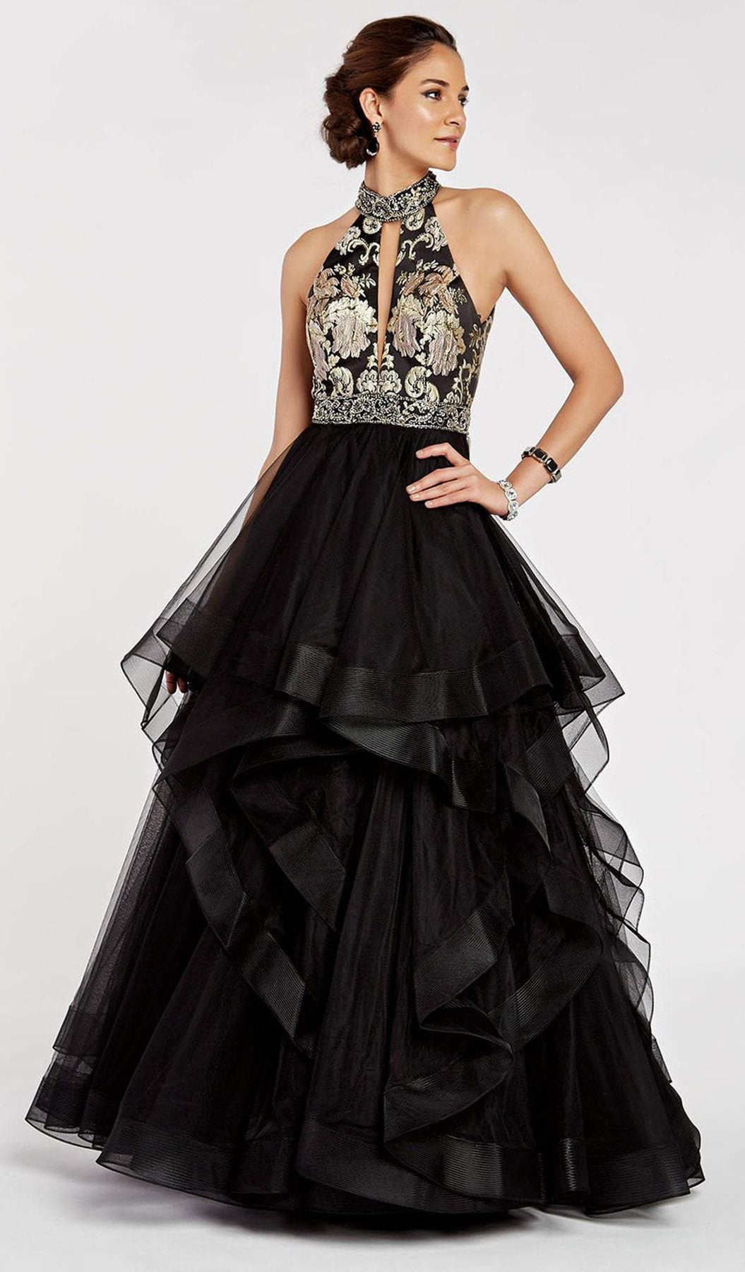 Alyce Paris - 60401 Plunging Cutout Floral Brocade Tulle Gown In Black and Gold