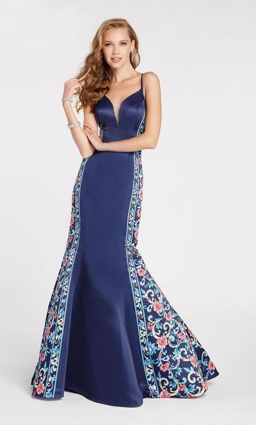 Alyce Paris - 60419 Printed Deep V-neck Mikado Mermaid Dress In Blue