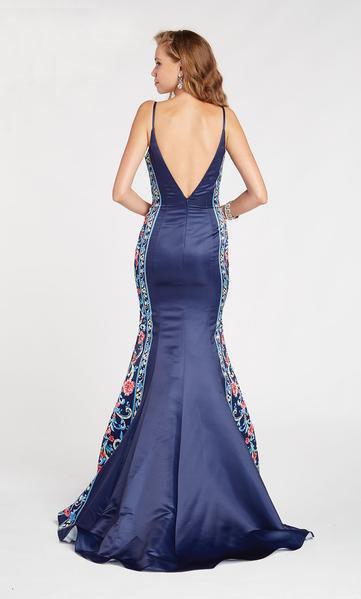 Alyce Paris - 60419 Printed Deep V-neck Mikado Mermaid Dress In Blue