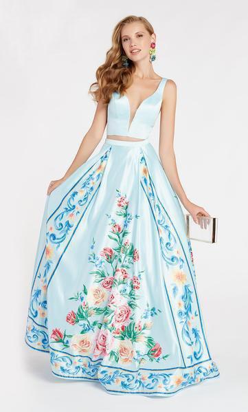 Alyce Paris - 60421 Hand Painted Printed Two Piece Satin A-line Dress In Green and Print
