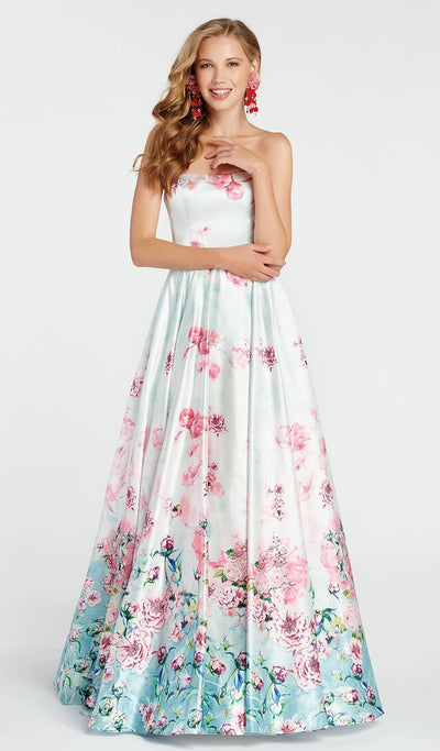 Alyce Paris - 60431 Floral Print Pleated A-Line Evening Gown In Green