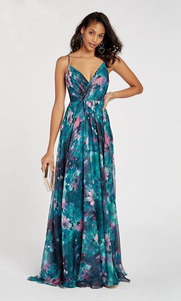 Alyce Paris - 60447 Floral Printed Plunging Vneck Chiffon A-line Dress In Green