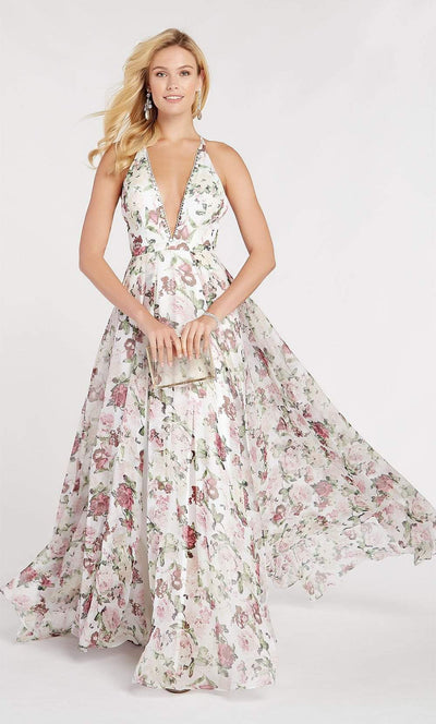 Alyce Paris - 60439 Floral Print Plunging Halter A-Line Gown In White