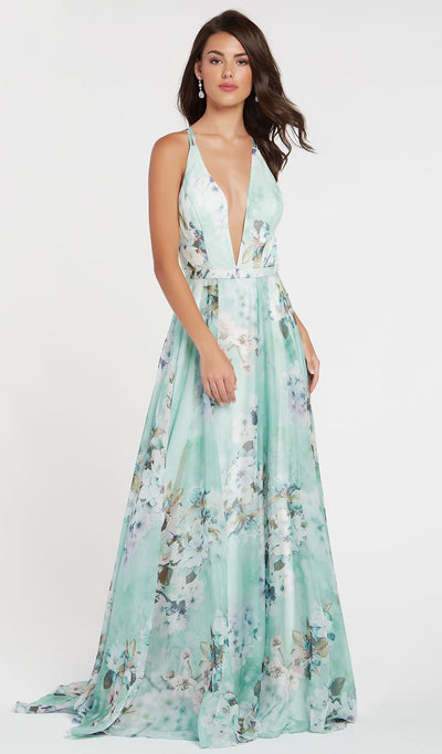 Alyce Paris - 60439 Floral Print Plunging Halter A-Line Gown In Green