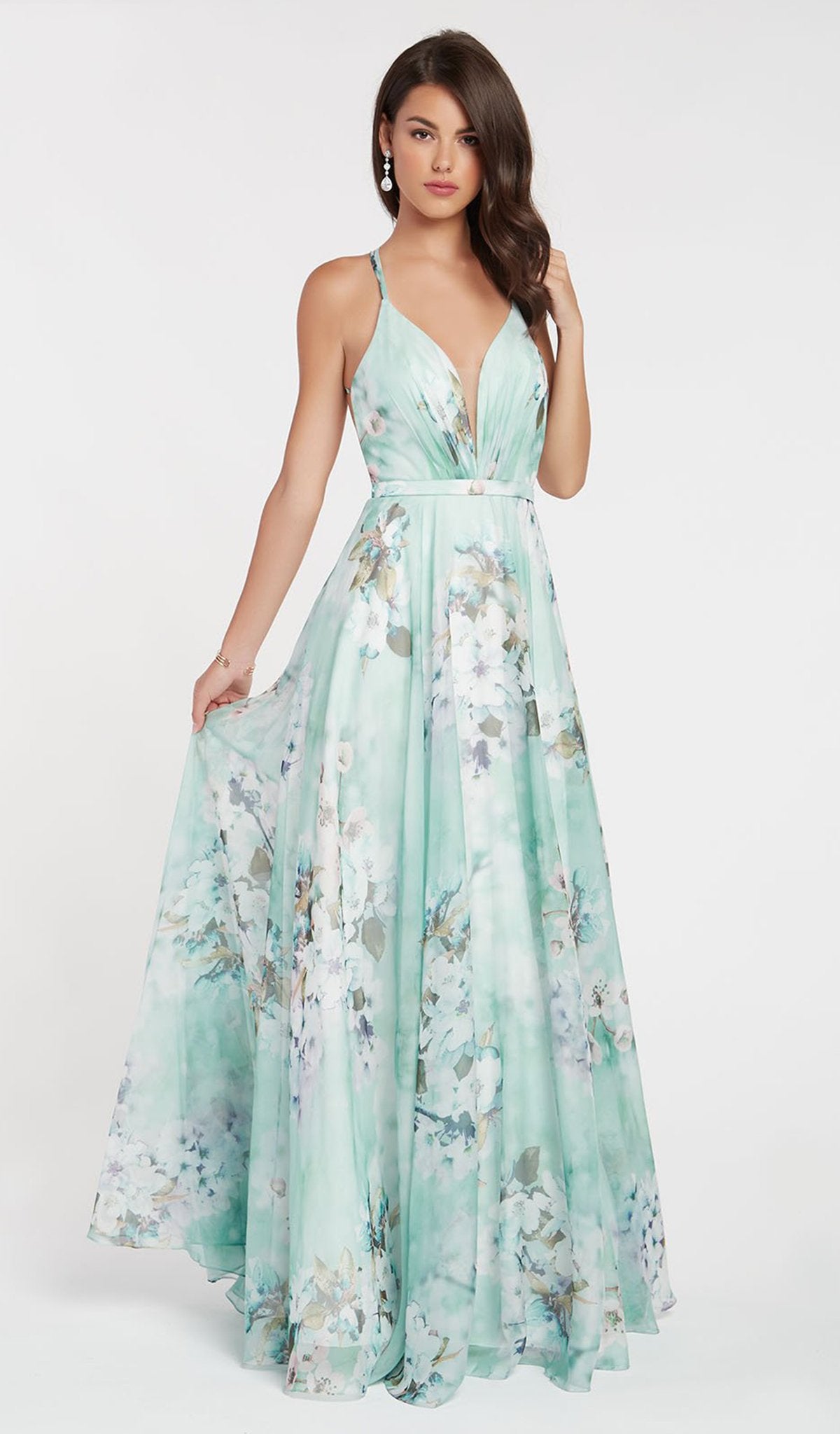 Alyce Paris - 60440 Sleeveless Printed Chiffon Sexy Back A-Line Dress In Green and Multi-Color