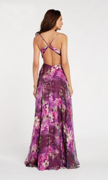 Alyce Paris - 60447 Floral Printed Plunging Vneck Chiffon A-line Dress In Purple