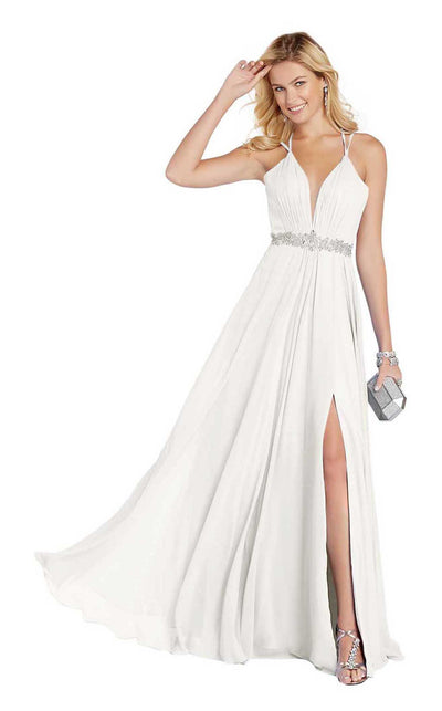 Alyce Paris - 60455 Plunging V-Neck High Slit Chiffon Gown in White