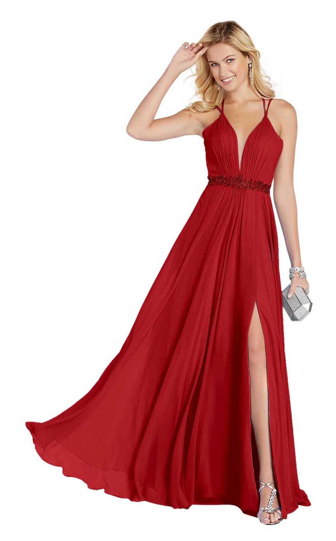 Alyce Paris - 60455 Plunging V-Neck High Slit Chiffon Gown in Red