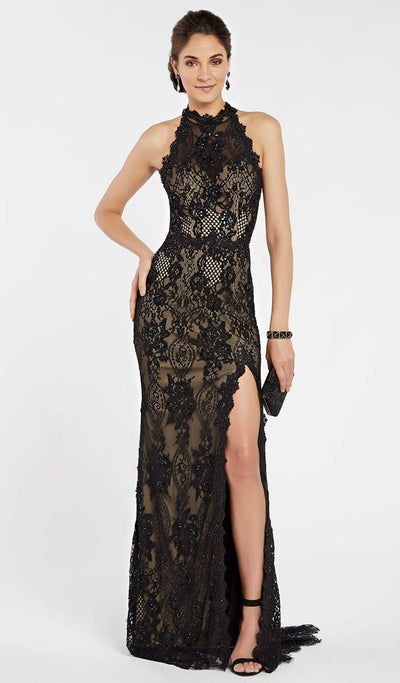 Alyce Paris - 60485 Jeweled Illusion High Halter Lace Slit Gown In Black and Nude