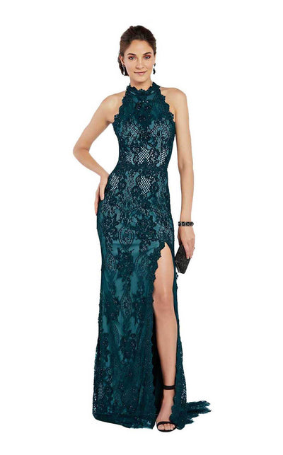 Alyce Paris - 60485 Jeweled Illusion High Halter Lace Slit Gown in Green