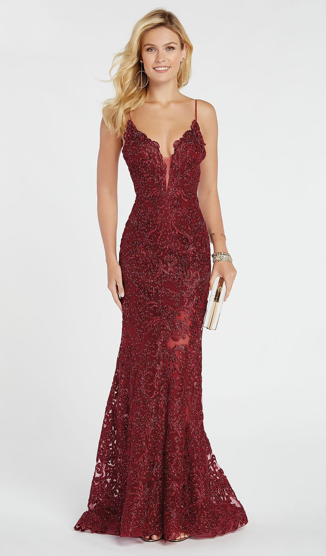 Alyce Paris - 60492 Plunging V-Neck Jeweled Lace Trumpet Gown In Red