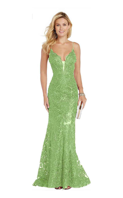 Alyce Paris - 60492 Plunging V-Neck Jeweled Lace Trumpet Gown in Green