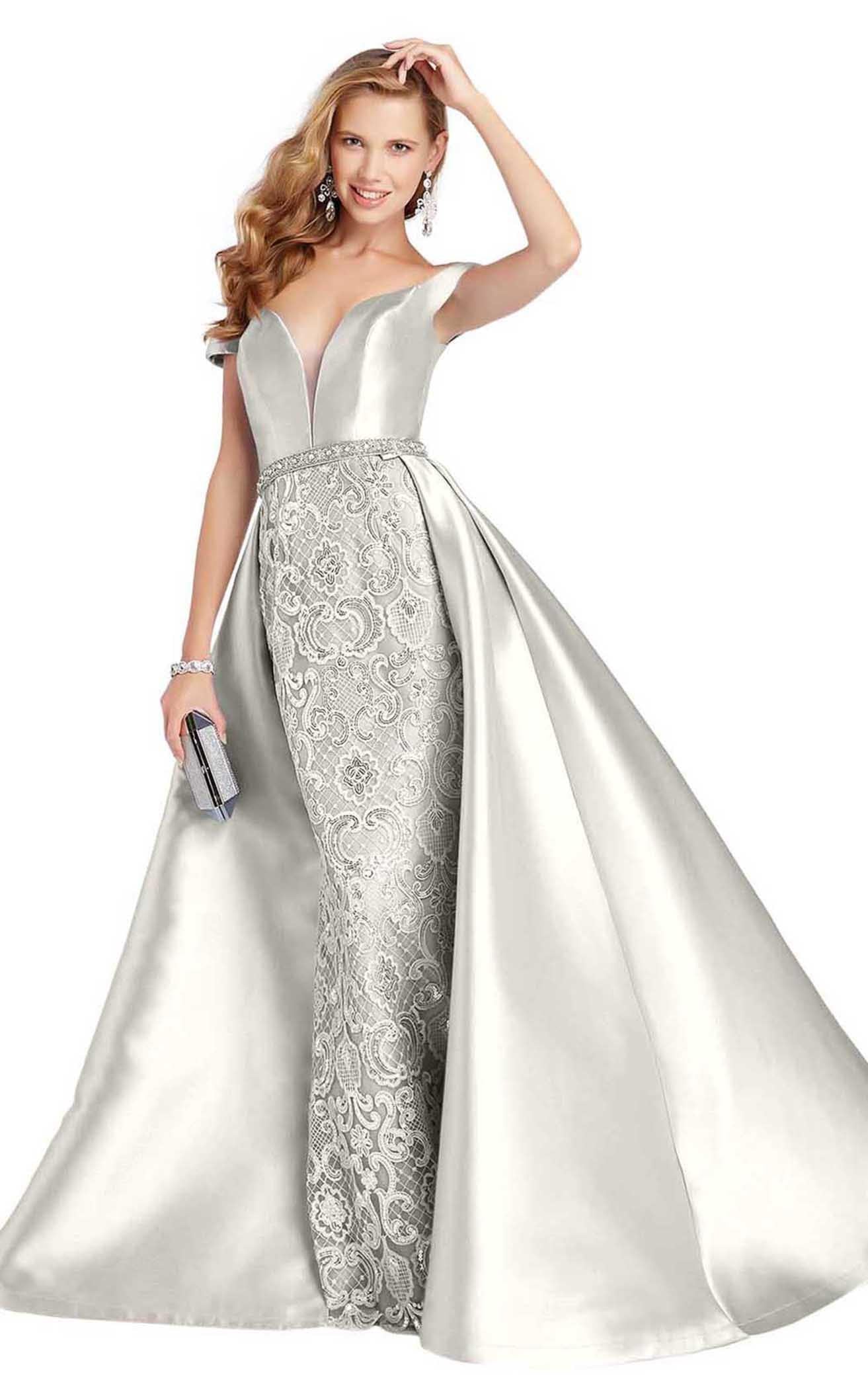 Alyce Paris - 60495 Plunging Off Shoulder Mikado Overskirt Gown in White