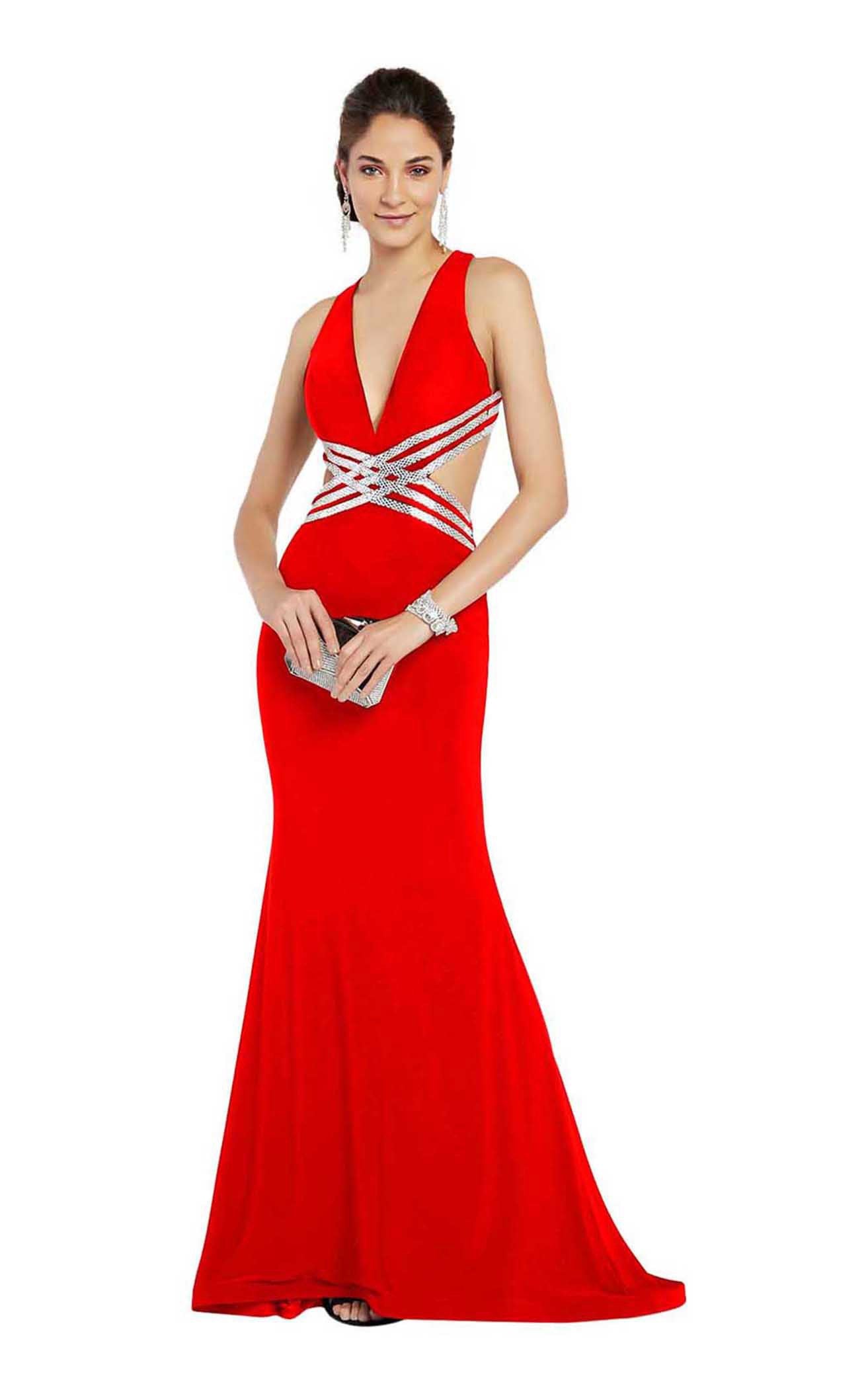 Alyce Paris - 60538 Plunging Metallic Banded Cutout Gown in Red