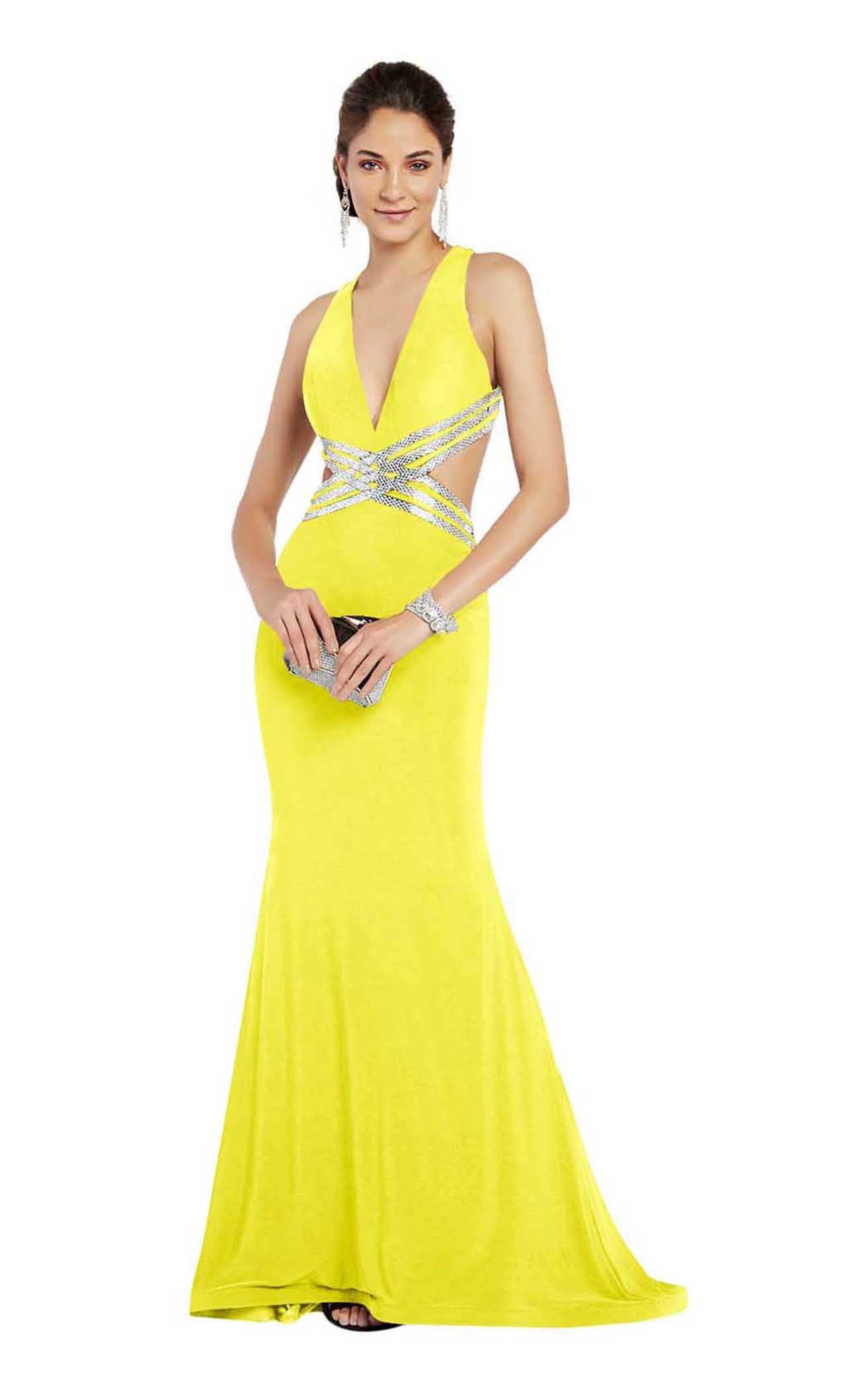 Alyce Paris - 60538 Plunging Metallic Banded Cutout Gown in Yellow