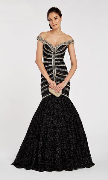 Alyce Paris - 60535 Hand beaded Tulle Off-Shoulder Mermaid Gown In Black and Gold