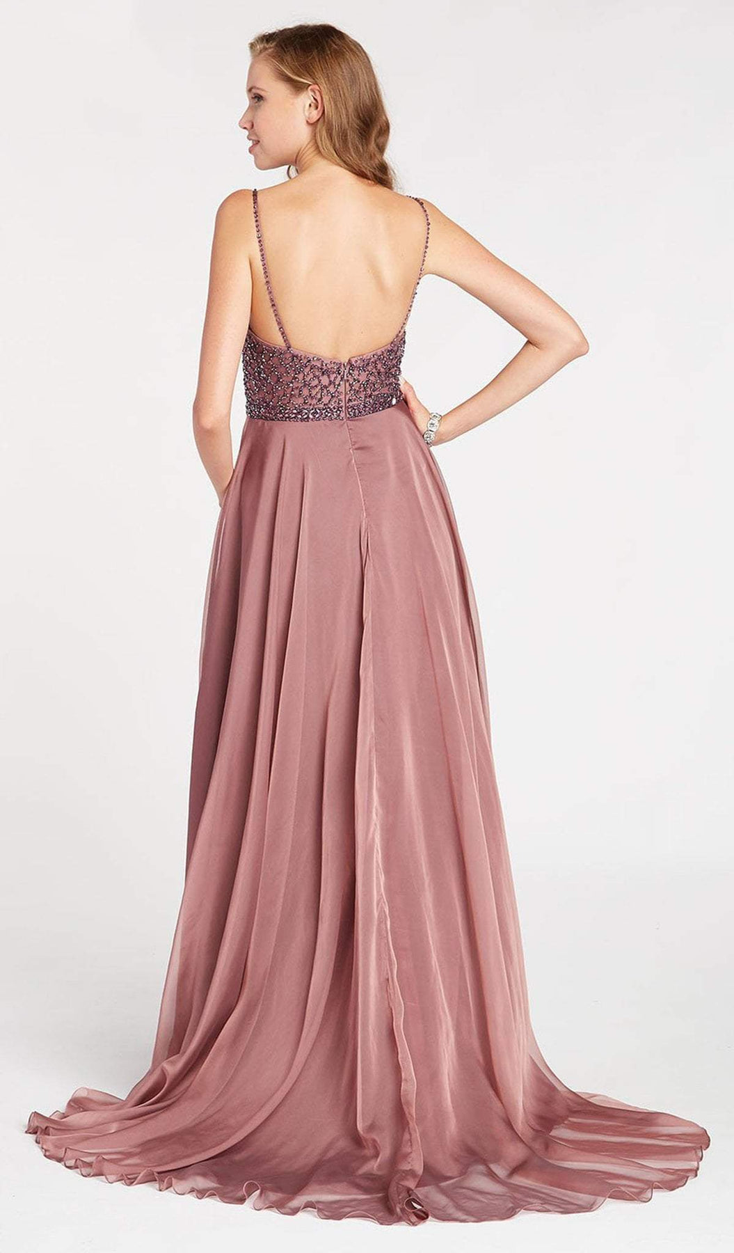 Alyce Paris - 60546 Beaded Spaghetti Straps Silky Chiffon Prom Gown In Nude and Pink