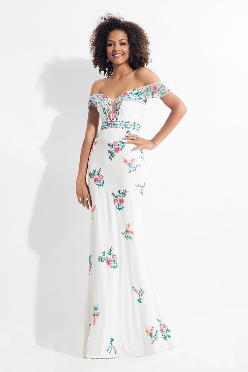 Rachel Allan - 6056 Embroidered Illusion Off Shoulder Dress in White