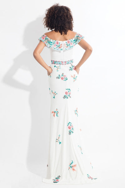Rachel Allan - 6056 Embroidered Illusion Off Shoulder Dress in White