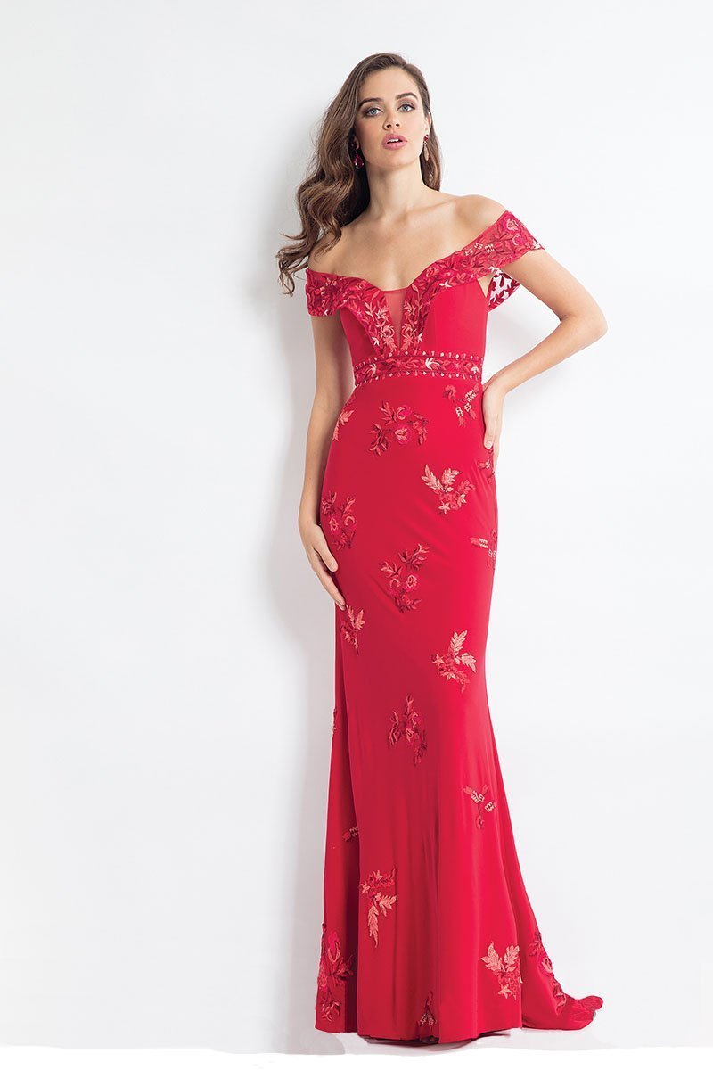 Rachel Allan - 6056 Embroidered Illusion Off Shoulder Dress in Red