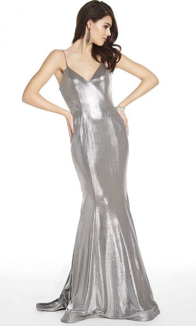 Alyce Paris - 60585 Metallic Jersey V-Neck Mermaid Dress In Silver