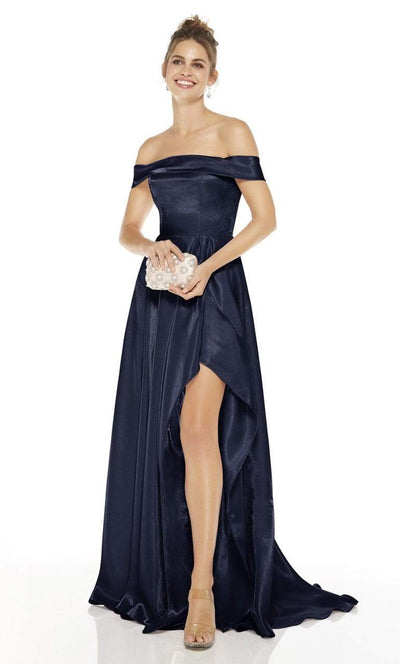 Alyce Paris - 60626 Off Shoulder High-Low Satin Gown Evening Dresses 0 / Midnight