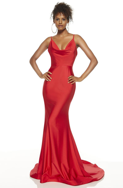 Alyce Paris - 60787 Cowl Neck Jersey Trumpet Dress With Train in Red