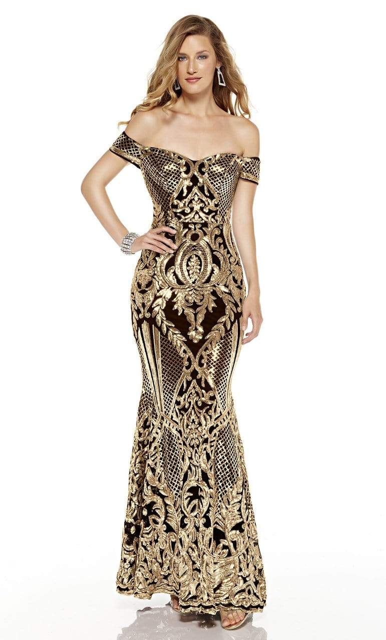 Alyce Paris - 60814 Sequined Off-Shoulder Trumpet Dress Evening Dresses 0 / Black-Gold