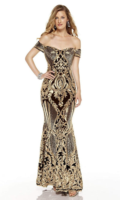 Alyce Paris - 60814 Sequined Off-Shoulder Trumpet Dress Evening Dresses 0 / Black-Gold