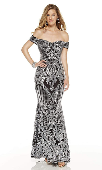 Alyce Paris - 60814 Sequined Off-Shoulder Trumpet Dress Evening Dresses 0 / Black-Silver