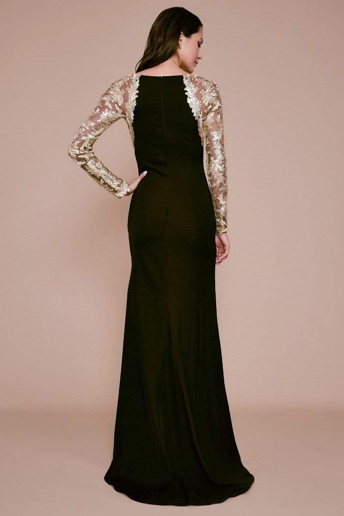 Tadashi Shoji - Sheer Lace Long Sleeve Long Crepe Gown In Black and Gold