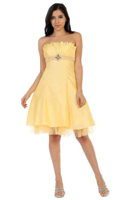 May Queen - Strapless Pleated Bodice Empire Cocktail Dress in Gold
