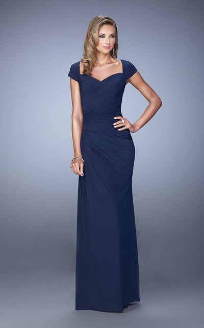 La Femme Ruched Sweetheart Fitted Cap Sleeves Dress 21694 - 1 pc Navy In Size 14 Available in Blue
