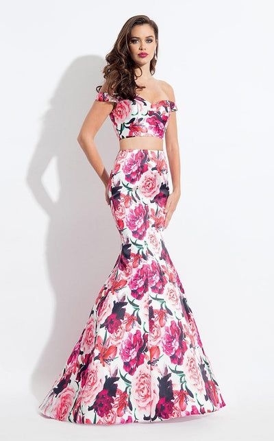 Rachel Allan - 6127 Floral Print Off-Shoulder Mermaid Dress in White and Pink