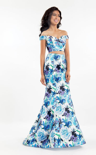 Rachel Allan - 6127 Floral Print Off-Shoulder Mermaid Dress in White and Blue