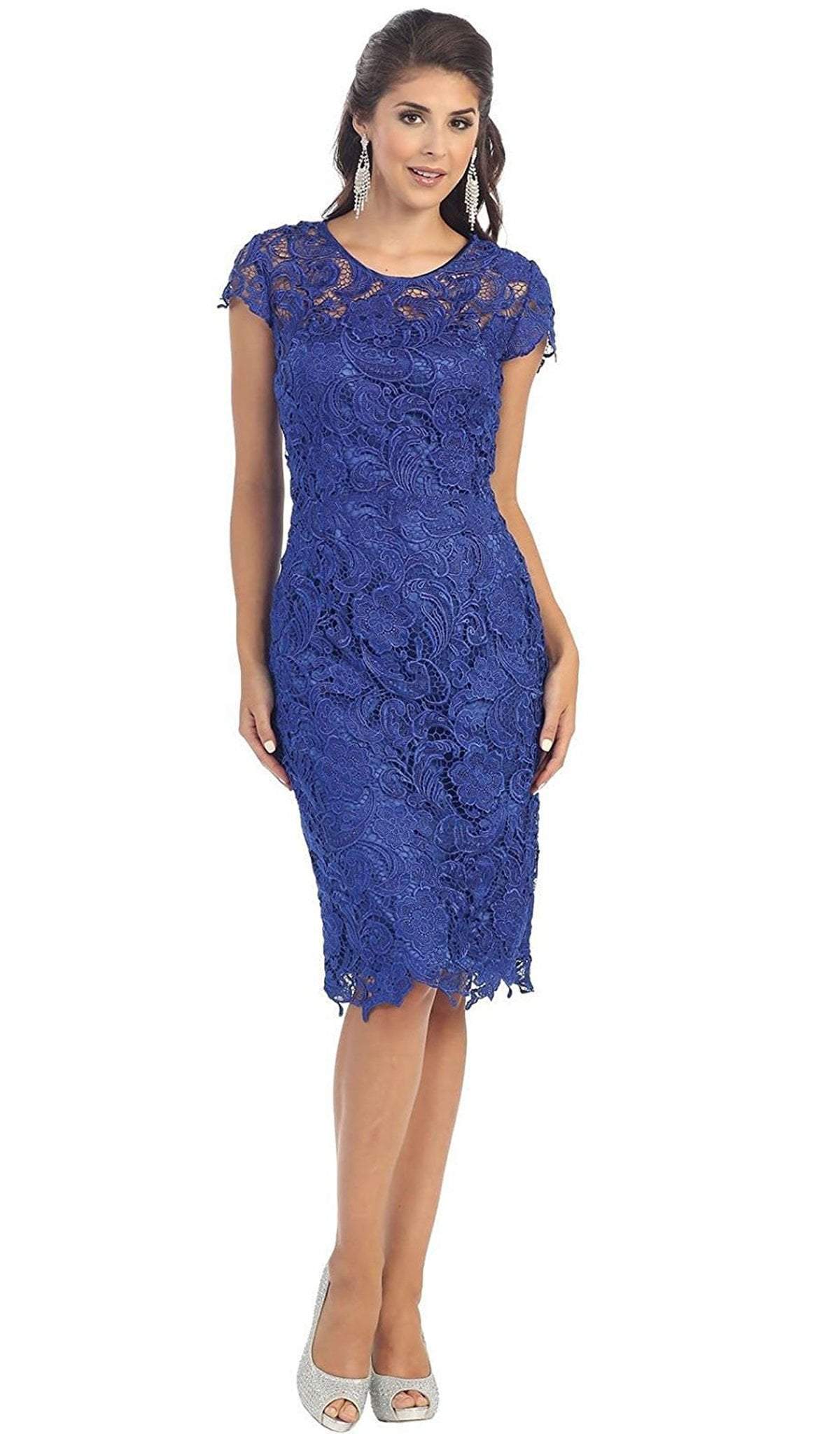 May Queen - Jewel Short Sleeves Scalloped Lace Cocktail Dress In Blue