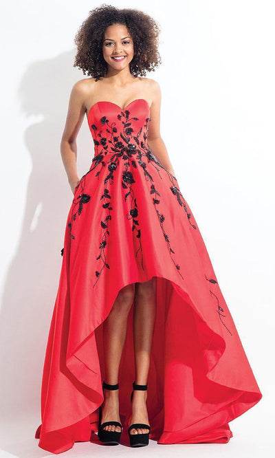 Rachel Allan - 6142 Strapless Blossom Applique High Low Gown in Red and Black