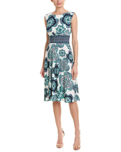 London Times - T4439M Printed Jewel A-Line Cocktail Dress In White and Green