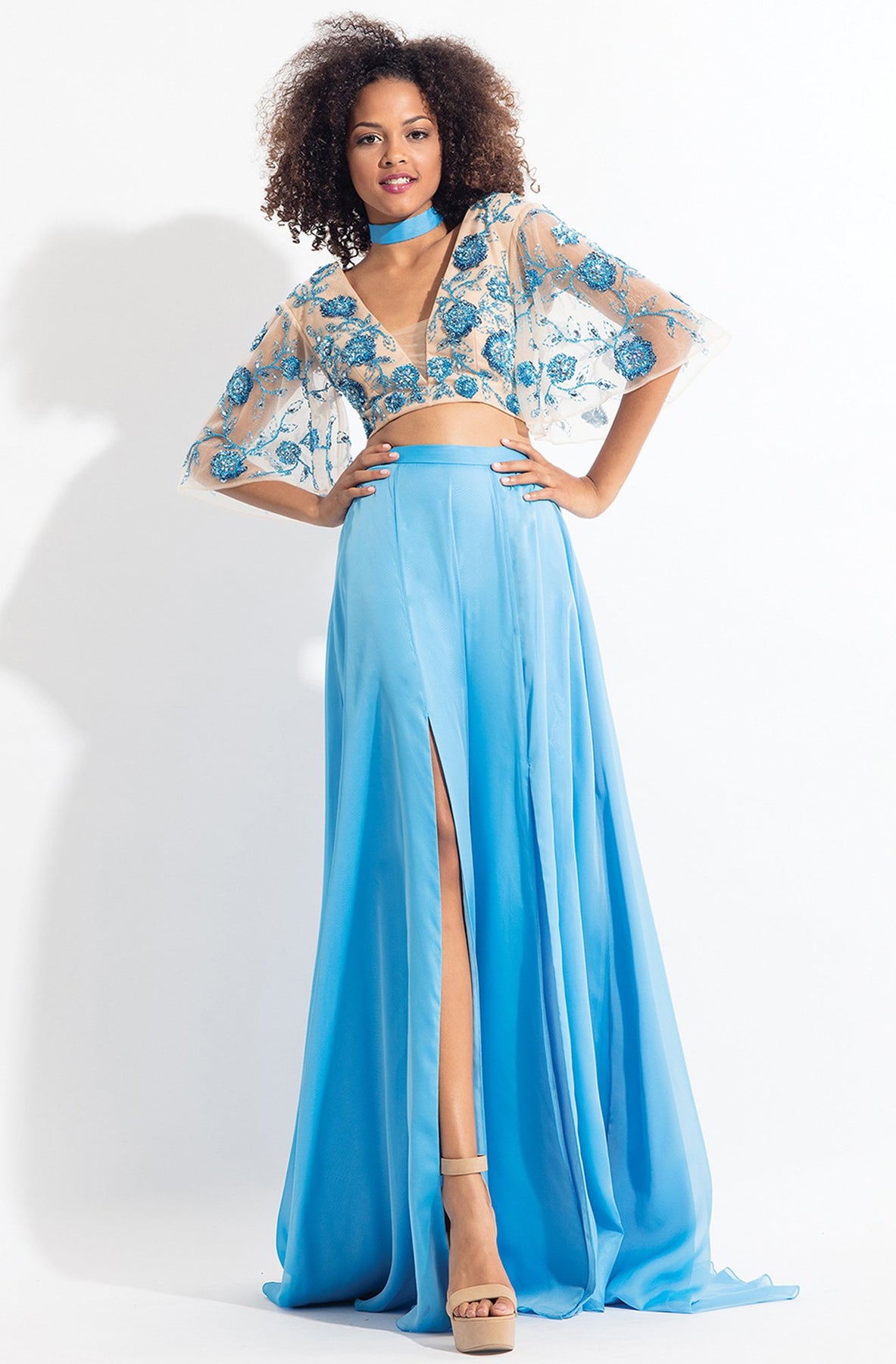 Rachel Allan 6157 - Long A-Line Dress - Chiffon, Two-Piece, Choker, Floral Beadwork, Sheer Kimono Sleeves, Illusion Inset, Dual Slit, Low V-Cut Back, Back Zipper Closure, Sweep Train ADASA Rachel Allan 6157 - Long A-Line Dress - Chiffon, Two-Piece, Choker, Floral Beadwork, Sheer Kimono Sleeves, Illusion Inset, Dual Slit, Low V-Cut Back, Back Zipper Closure, Sweep Train ADASA