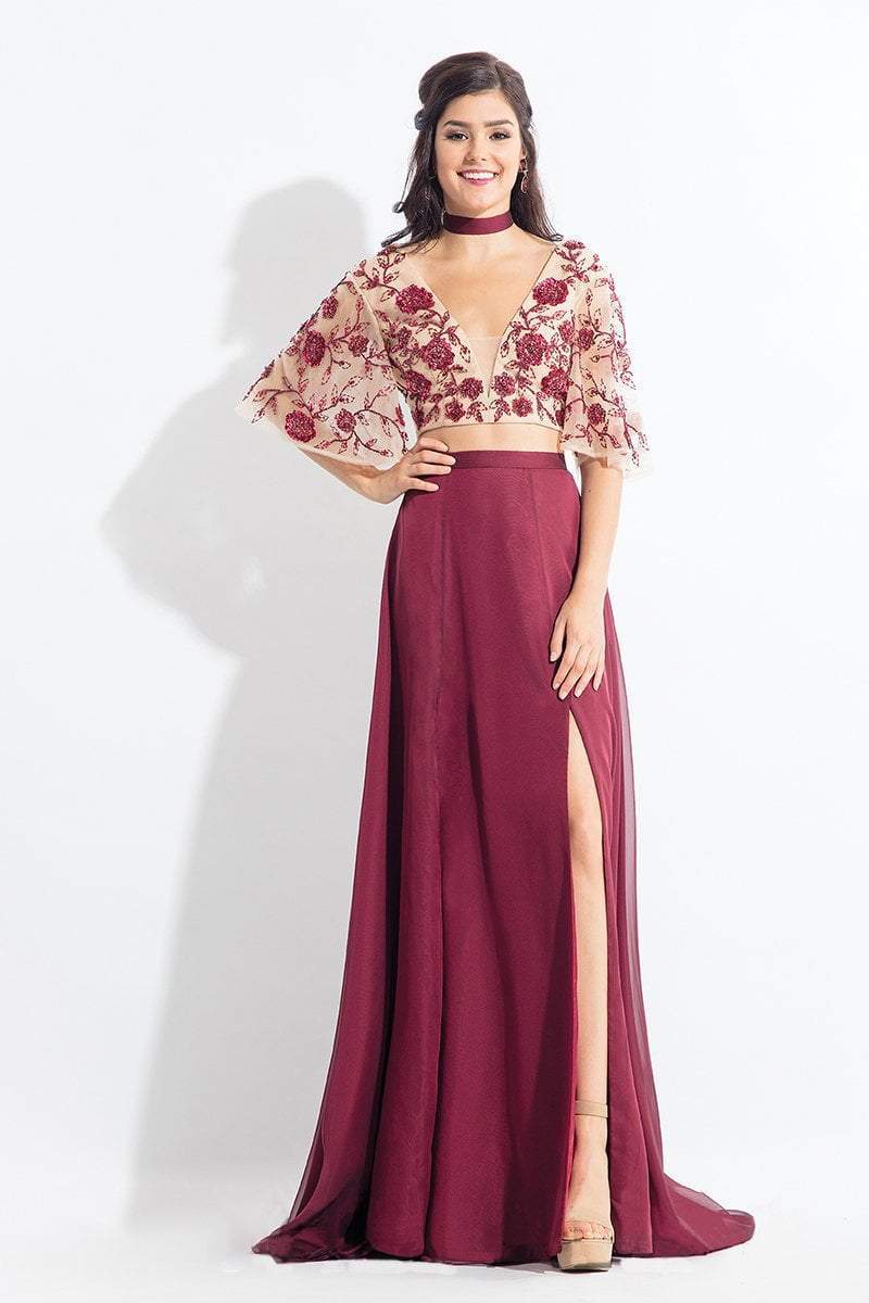 Rachel Allan - 6157 Floral Beaded Kimono Two-Piece Gown in Red