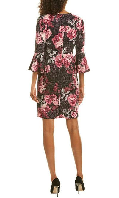 London Times - T4663M Flounce Sleeve Floral Print Sheath Dress In Black and Pink