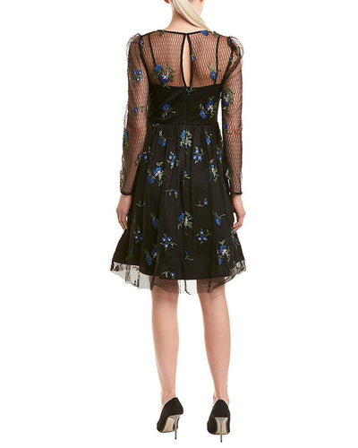 Taylor - 9862M Knee Length Puff Sleeve Illusion Embroidered Dress In Blue and Black