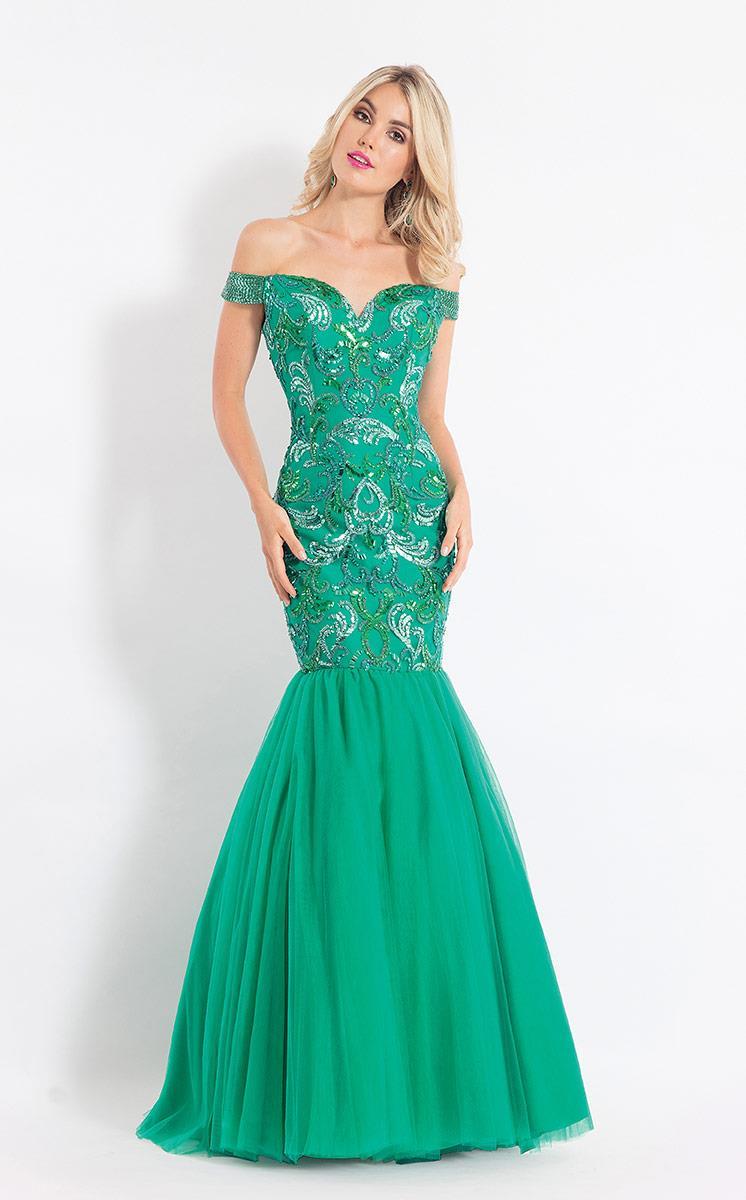 Rachel Allan - 6193 Off Shoulder Embellished Trumpet Gown in Green