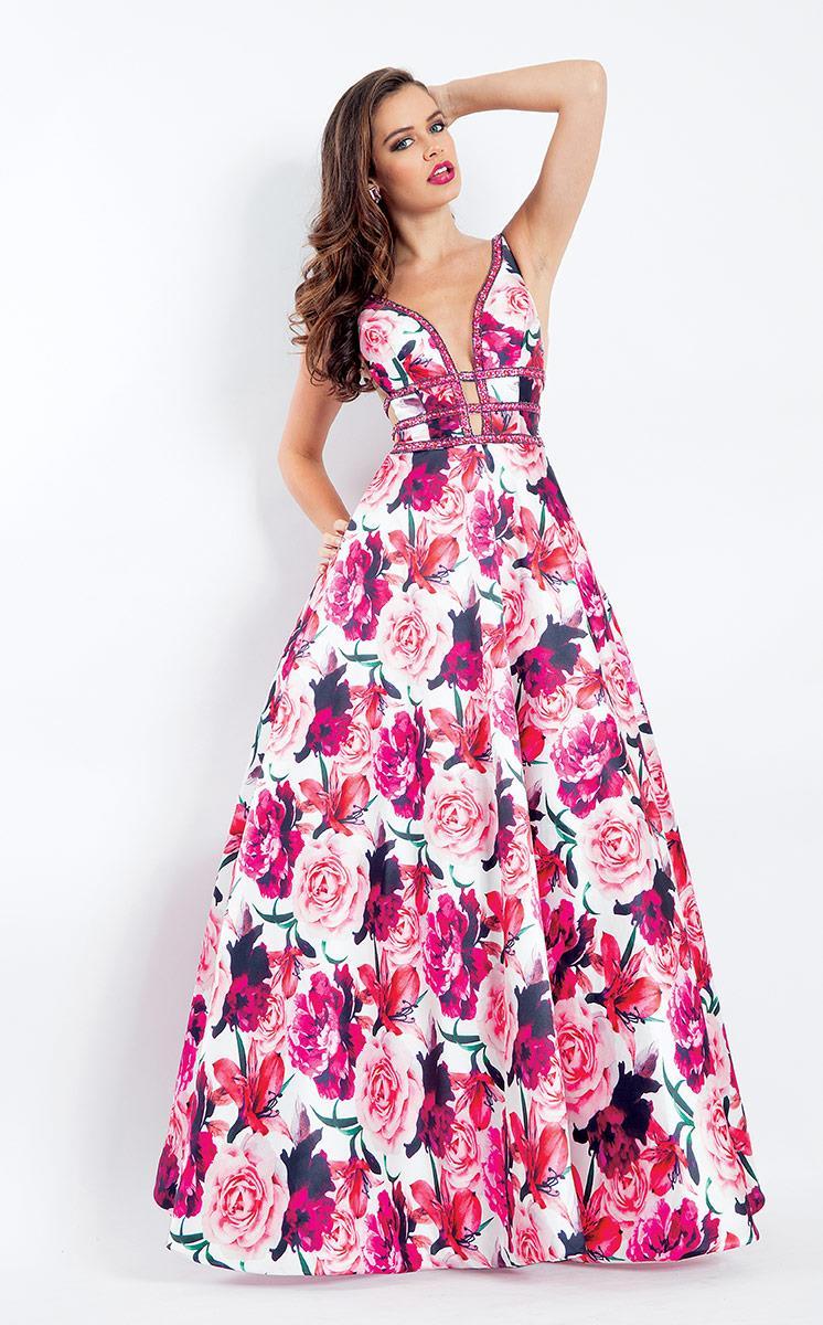 Rachel Allan - 6196 Floral Print Beaded Deep V-neck Ballgown in Pink and Floral