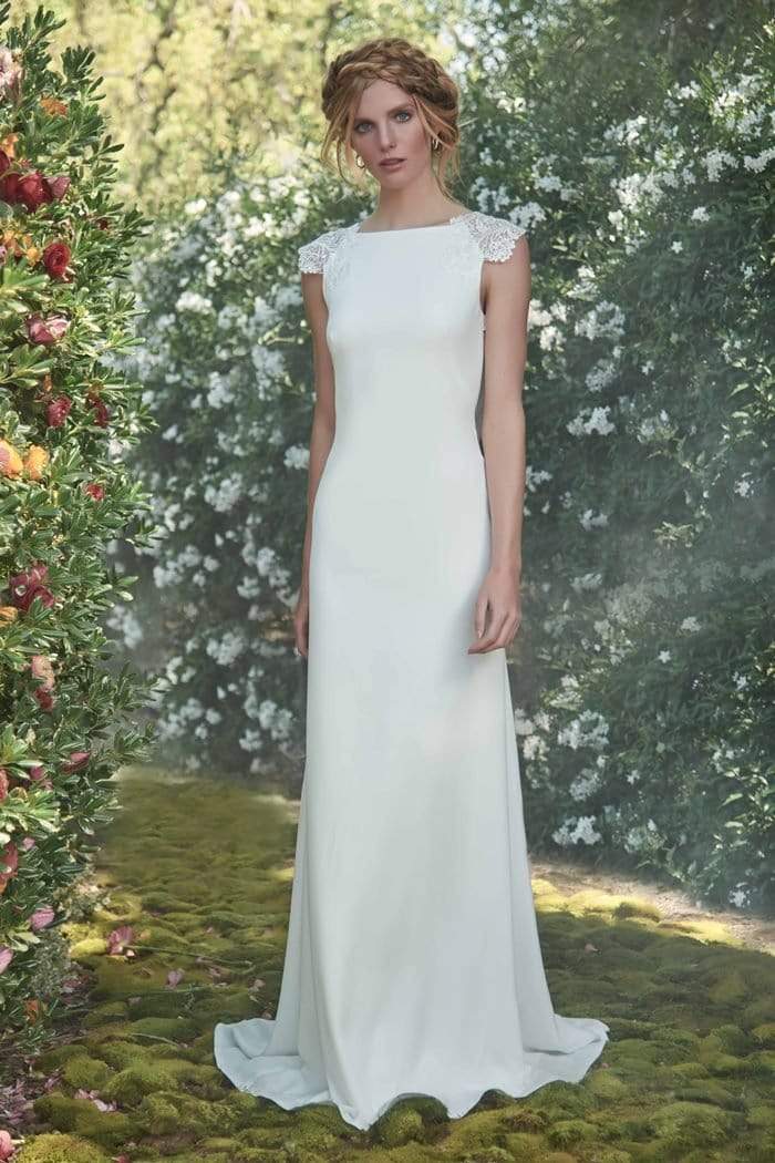 Tadashi Shoji - Lace Cap Sleeve Illusion Cowl Back Gown Wedding Dresses 0 / Ivory