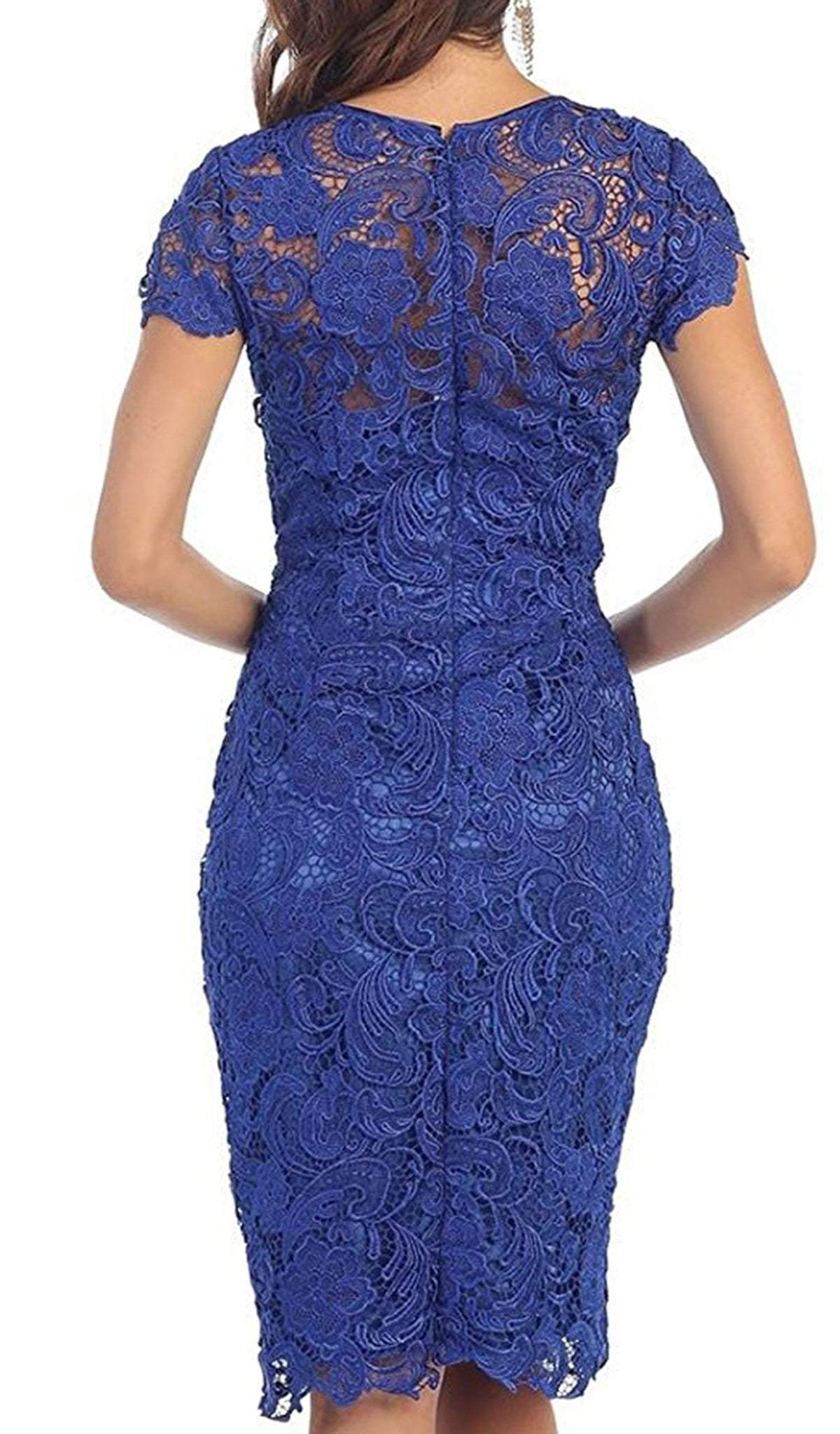 May Queen - Jewel Short Sleeves Scalloped Lace Cocktail Dress In Blue