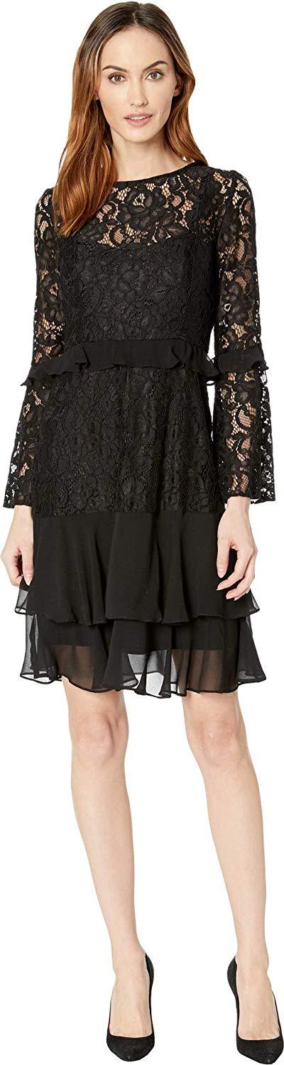 Taylor - 9967M Lace Flounce Sleeves Tiered Cocktail Dress In Black