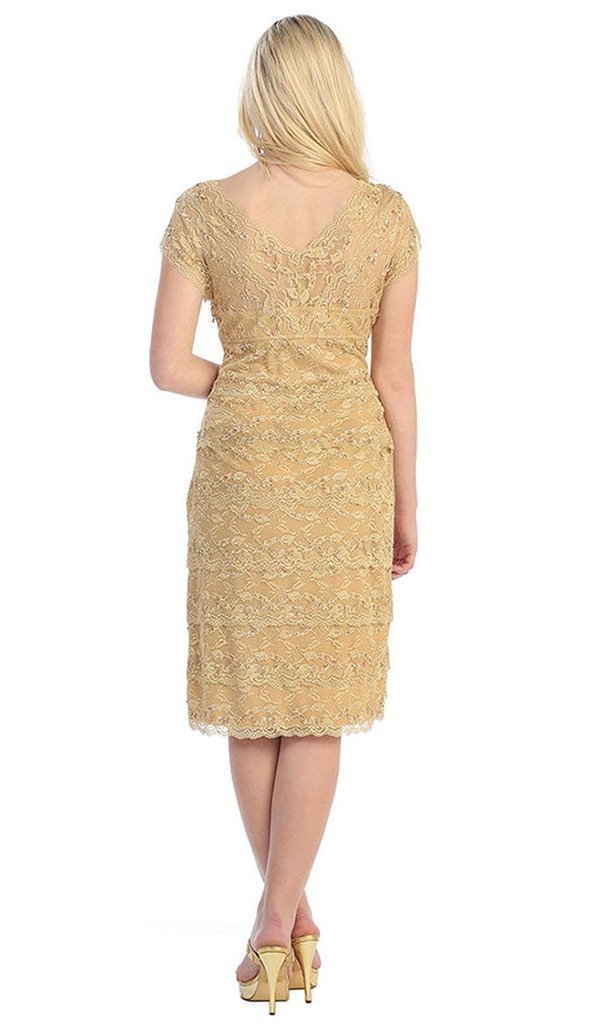 May Queen MQ974 Tiered Scallop Lace V-Neck Formal Dress In Gold